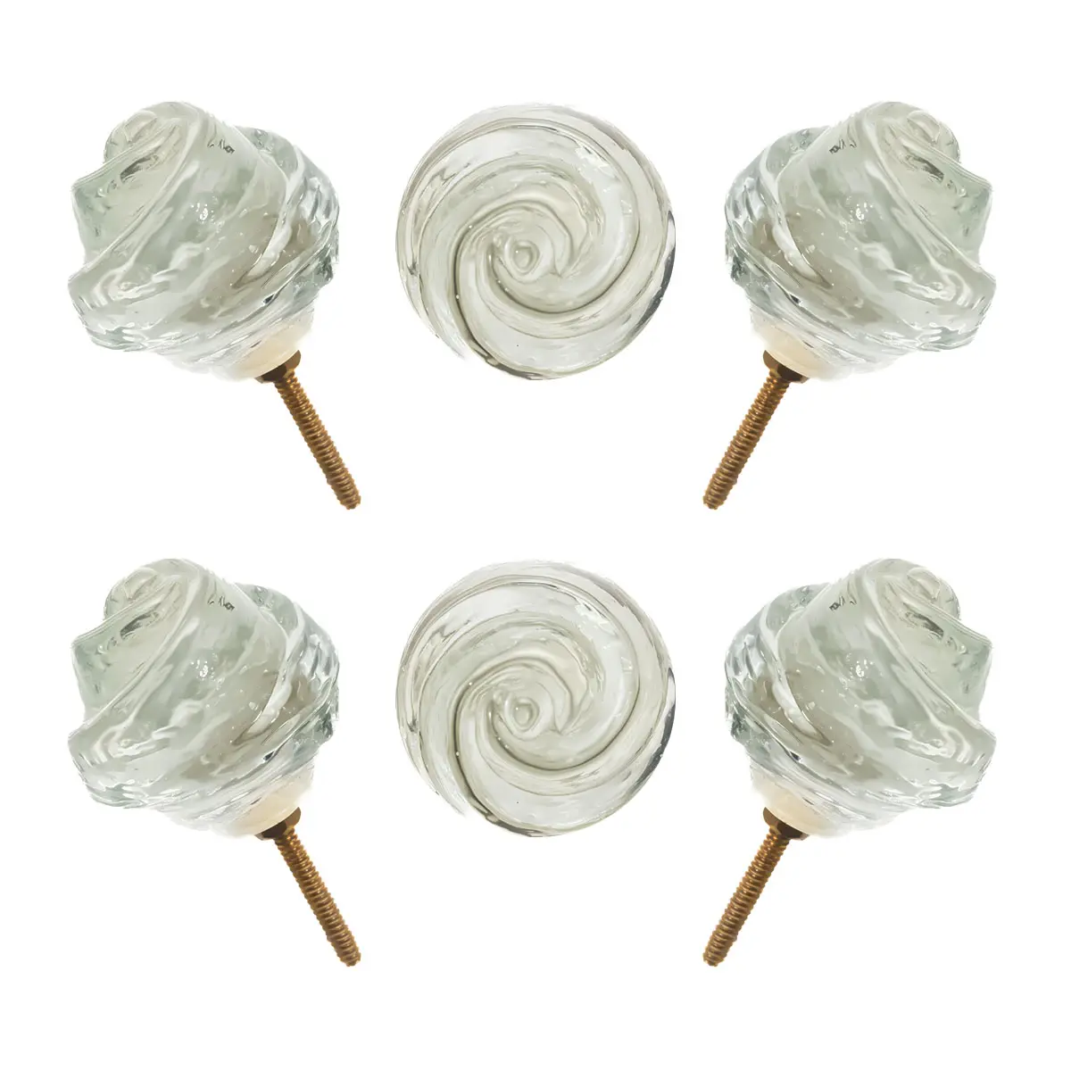 Elegant Clear Glass Rose Swirl Knobs with Antique Brass Base (Set of 6) - 2 Inch - CDNY