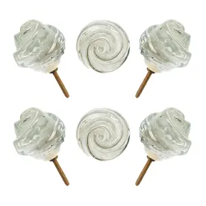 Elegant Clear Glass Rose Swirl Knobs with Antique Brass Base (Set of 6) - 2 Inch - CDNY