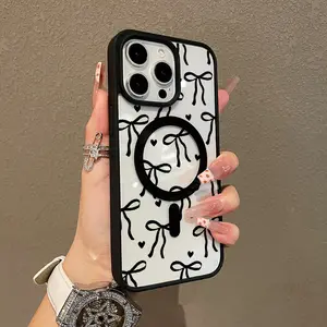 Trendy Magnetic Case for iPhone11/12/13/14/15/16/17/promax Bow And Heart Pattern MagSafe Ready, Ultra Thin & Shockproof | Cute Pick for Girls