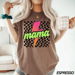Neon Mama Shirt, Checkered Mama Shirt, Lightning Bolt Shirt, Mothers Day Gift, Retro Checkered Mom Tshirt, Gift For Her