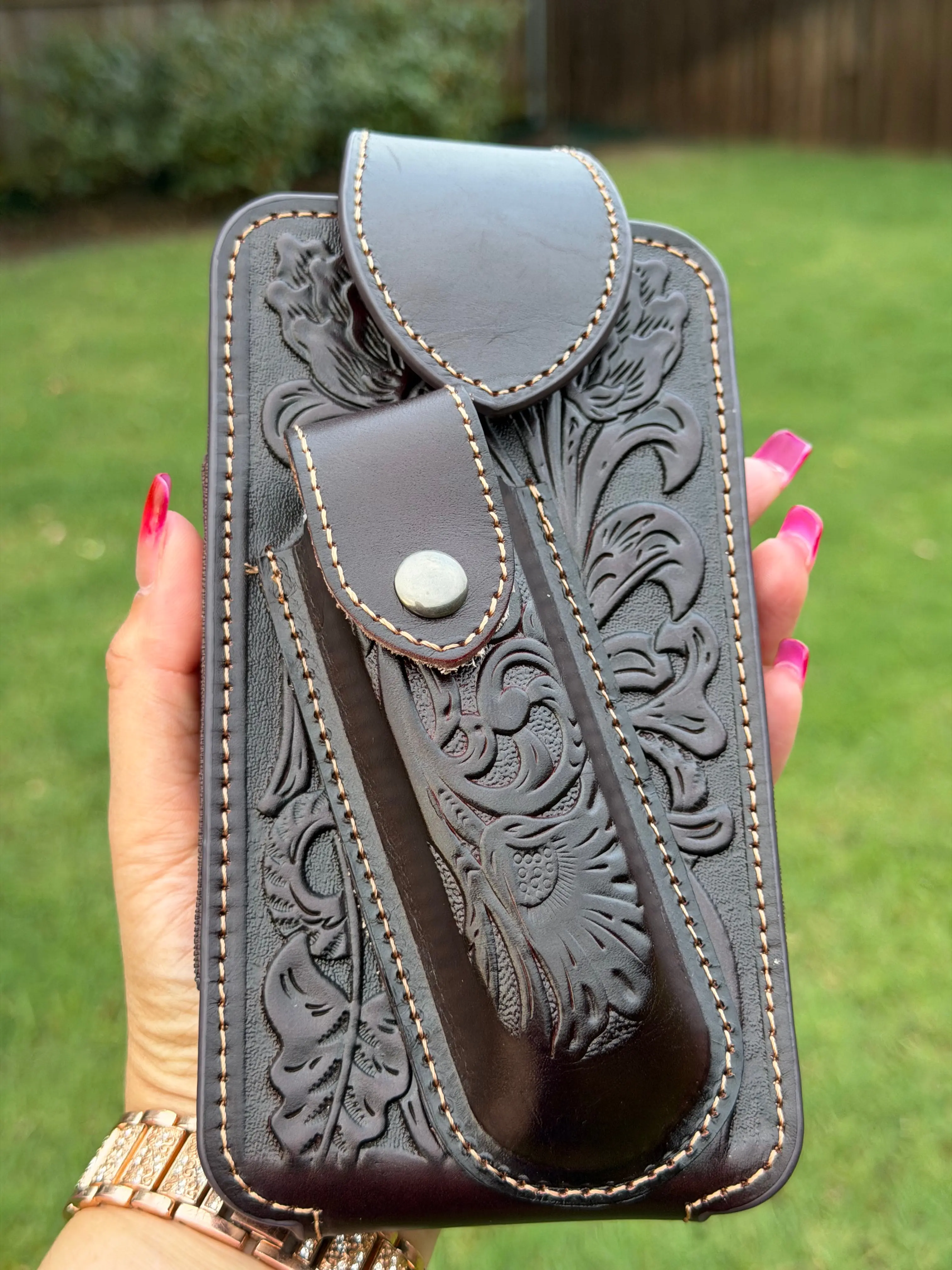 Men's Western Tooled Leather Cell Phone Holster Belt Pouch - Magnetic Flap, Knife Holder, Tooling Detail - Brown, Casual