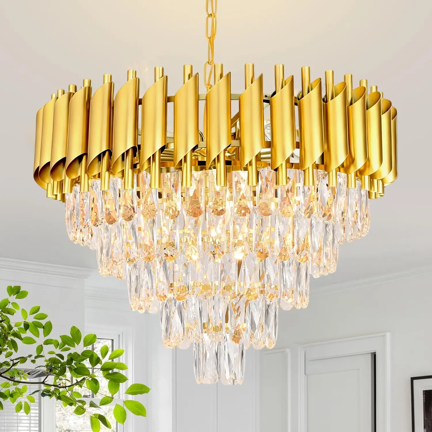 Modern Gold Crystal Chandelier, 5-Tier Raindrop Effect 23.6-Inch Height Adjustable Pendant Light, E12 Base Fixture for Living Room Dining Room Bedroom Hallway, Luxury Home Decor, Bulbs Not Included