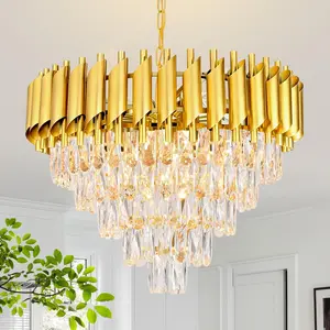 Modern Gold Crystal Chandelier, Height Adjustable 5-Tier Raindrop Effect 23.6-Inch E12 Crystal Chandelier for Living Room/Dining Room/Bedroom/Corridor