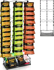 Chip Rack Display Stand, 3 Row 60 Clips Large Snack Retail Display Rack with Basket, Countertop Chip Bag Candy Organizer Store Concession Stand for, Pantry, Office, Vendor Events