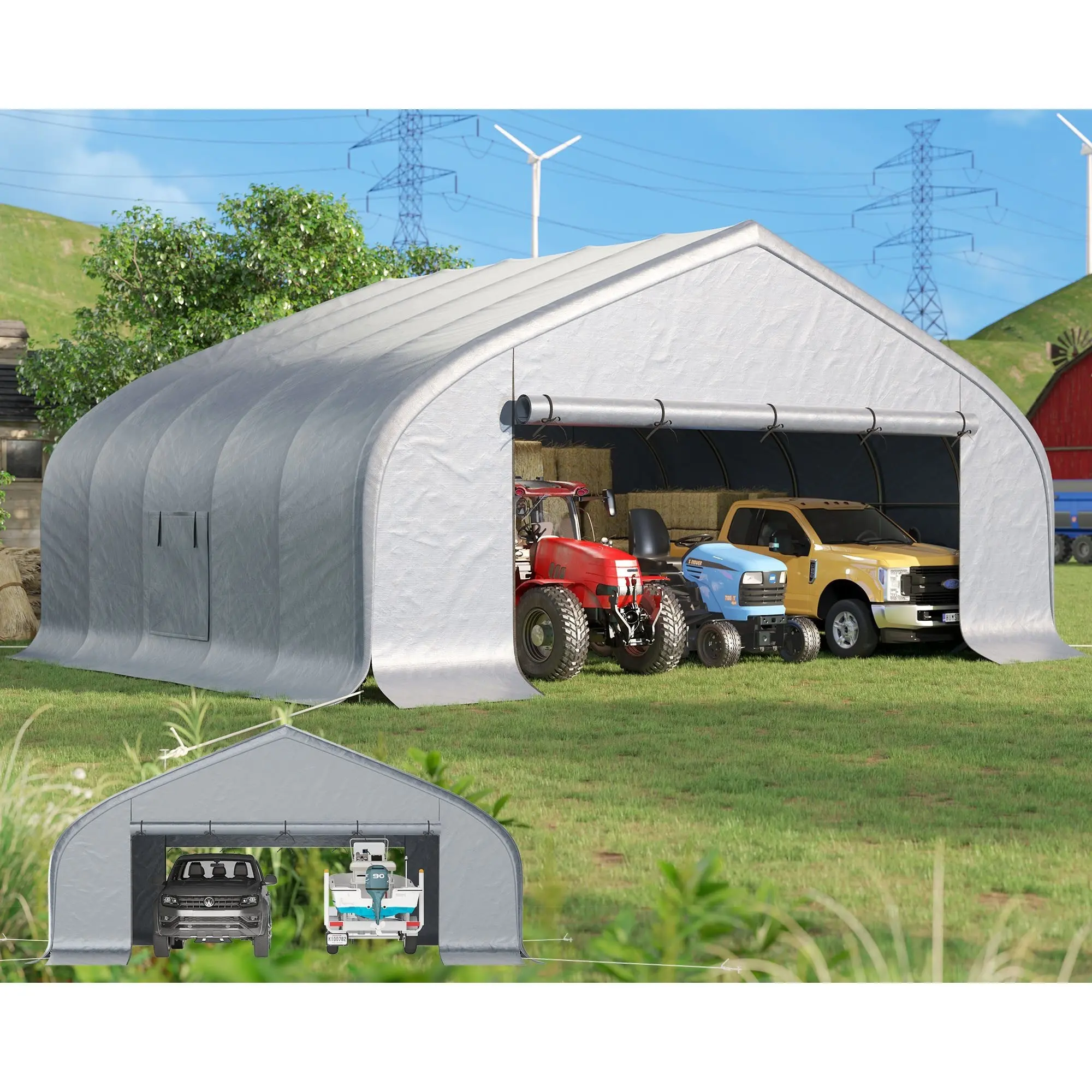 22.5 x 20 FT Heavy Duty Carport Canopy for 2 Cars, Aluminum Frame with Roll-Up Doors & Mesh Windows, Reinforced Ground Bars, Weather-Resistant Outdoor Event Shelter