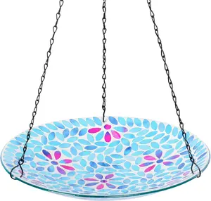 Mosaic Hanging Bird Bath-Bird Baths for Outdoors - 12 Inch Glass Bird Water Bowl Bird Feeders for Outside, Garden, Lawn Yard DecorBlue