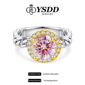 【#582 New Arrival】2CT Double Tone Round Halo Cuban Chain Ring vvs Synthetic Moissanite Rings in 925 Sterling Silver