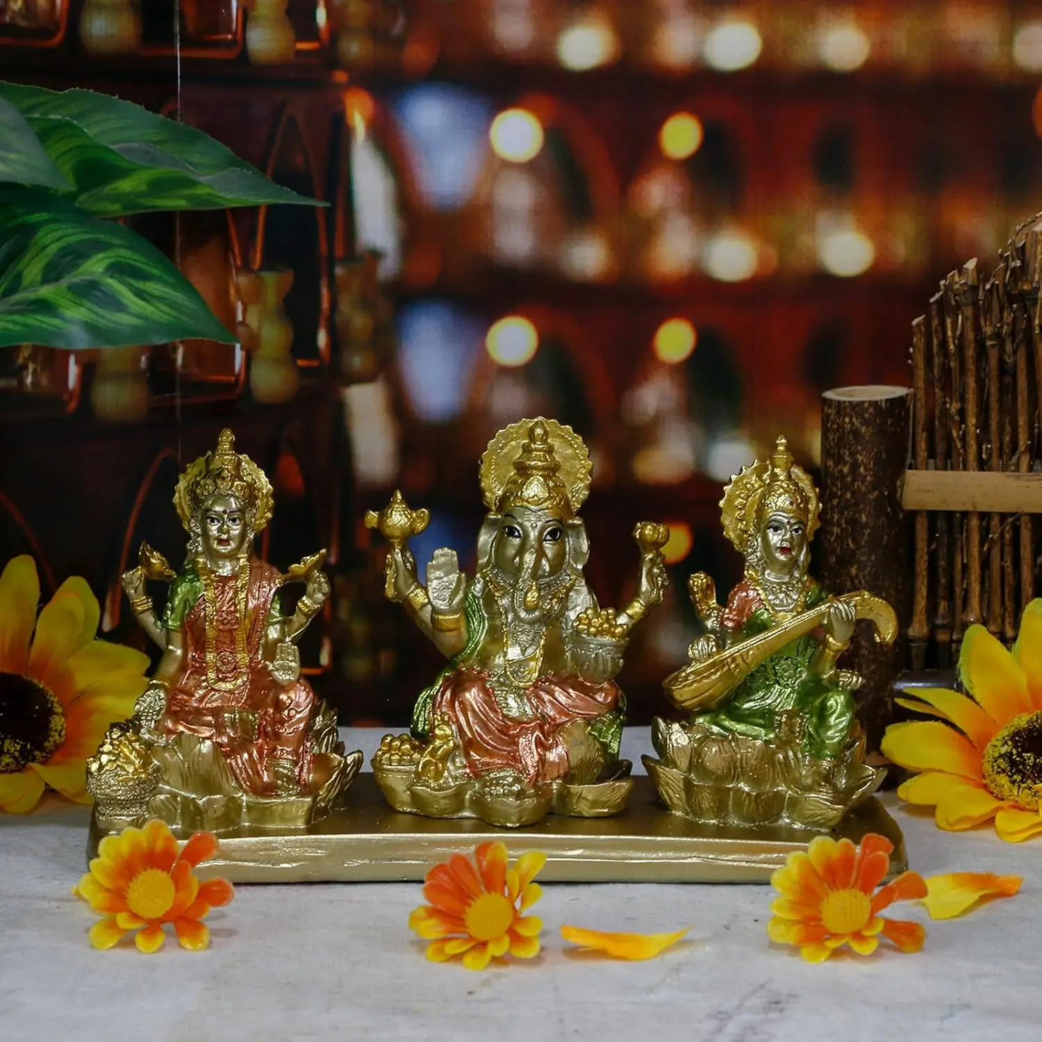 alikiki Hindu Lakshmi Ganesha Saraswati Statue - Laxmi Ganesh Idol for Car Dashboard Decor Home Temple Mandir Pooja Item Indian Puja Item Diwali Gift Meditation Yoga Altar Decorationns, Ornaments, Diwali Gift with Gift Box