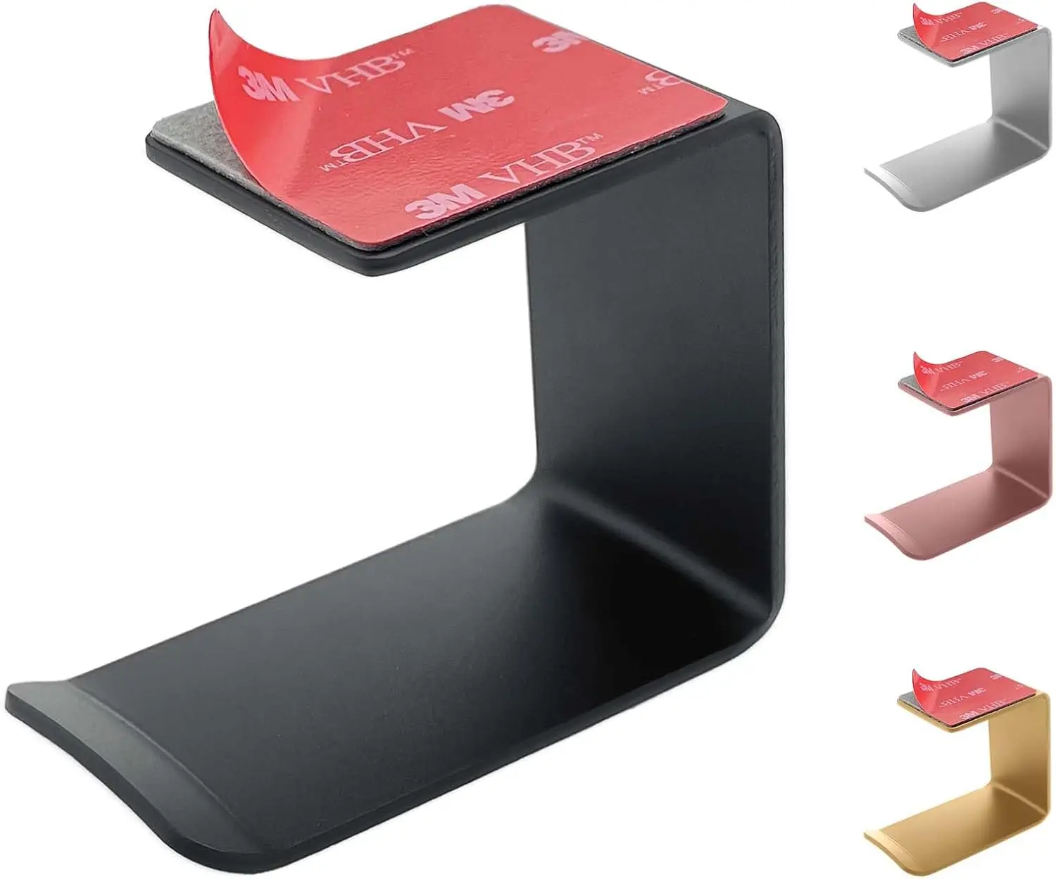 Aluminum Under-Desk Headphone Hanger with Strong Adhesive (1 Pack, Black) | Keeps Headphones Off the Desk, VHB Adhesive Holds 5 lb, Curved Support Helps Prevent Headband Creases, Fits Gaming Headsets