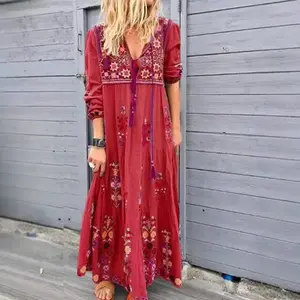 Bohemian European and American Style Printed Floral Patchwork Long Dress Fashion Drawstring Tie Long Sleeve Dress Summer Casual