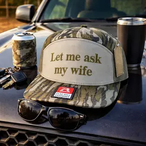 Funny Husband Camo Trucker Hat, “Let Me Ask My Wife” Snapback Cap Flat Bill, Mesh Back Adjustable Hat, Gift for Men Dad