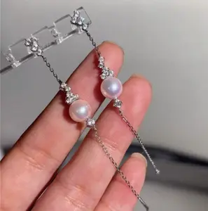 Natural seawater akoya pearl earrings - 7-8mm, aurora borealis transparent powder-set diamonds earrings