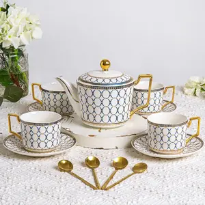 Morden Bone China Tea Cup Set with Teapot White and Golden Cup and Saucer Set for Afternoon Tea Party