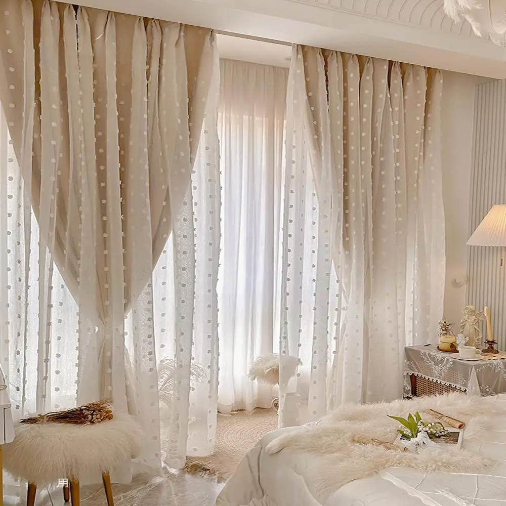French Romantic Cream Color Window Room Decor Curtain, Double Layer Sheer Embroidered Dots, Girls Bedroom Living Room Blackout Fabric, European Style, Window Curtains