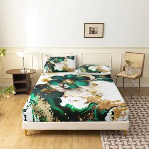 3pcs Set White Background Emerald Green Gold Floral Fitted Sheet, Floral Bed Sheets, Skin‑Friendly Fabric Digital Printed Luxury Fluid Art Bedding Bed Linen for Home Bedroom Dormitory and Hotel Use (1 Fitted Sheet + 2 Pillowcases, No Comforter/Pillow)