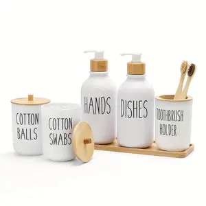 Bathroom Accessories Set, 6pcs Plastic Bathroom Accessory Sets with Vanity Tray, Soap Dispenser, Toothbrush Holder, Lids, Boho, Modern Bathroom Decor, Vanity Setup, Bathroom Organization, Contemporary Design, Stylish Bathroom Set, Plastic Accessories,