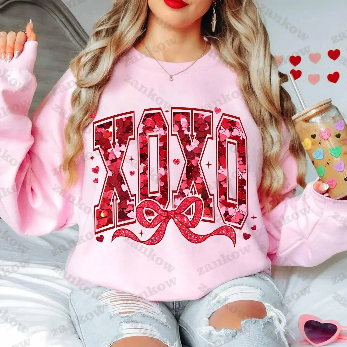 Valentine XOXO Coquette Sparkly Glitter Shirt, Xoxo Shirt, Red Faux Sequins Valentines Shirt, Valentines Coquette Shirt, Valentines Day Shirt Design