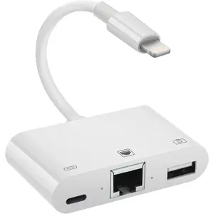 Lightning to RJ45 Ethernet Adapter Network Adapter, with Charge Port and USB Port Support USB Flash Drive/Keyboard//Came, Plug and Play,Supports 100Mbps Ethernet Network