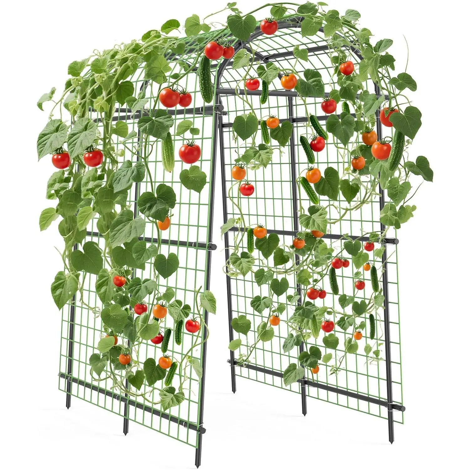 7.5FT Metal Garden Arch Trellis for Climbing Plants Heavy Duty Stainless Steel Garden Arbor with Netting Ground Spikes Black Rustproof Polyethylene Coated Plant Support for Climbing Roses Vines Vegetables Adjustable Width