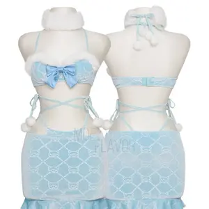 MOEFLAVOR Pastel Winter Top & Skirt Set [MOEFLAVOR x Gloomy Bear] - Cute Sleeveless Top & Above The Knee Skirt with Faux Fur Trim & Bow - Perfect for Summer & Winter Outfits