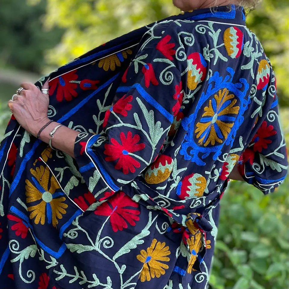 Hand Embroidered Suzani Robe - Navy.