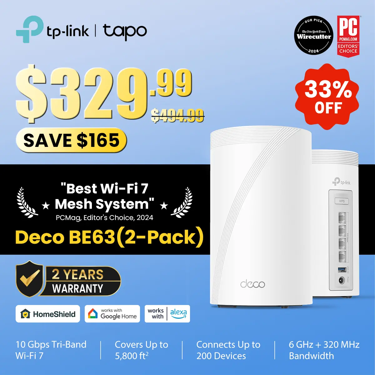 TP-Link Deco BE63  (2-Pack) Deco 7 Pro BE10000 Tri-Band WiFi 7Whole Home Mesh System- 6-Stream 10 Gbps, 5800 Sq.Ft Coverage, 4x2.5G Ports Wired Backhaul, 4X Smart Internal Antennas, VPN, MU-MIMO, HomeShield, Free Expert Support, Ductless Wifi, Wireless Ro