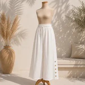 White Wide Leg Pants – Linen Blend Drawstring Pants One Size