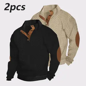 Men's Stand Collar Jacquard Knit Henley Shirt, Fashion Long Sleeve Pullover, Casual Breathable Button Placket Sweater, Polyester Fabric for Spring Fall Daily Commute & Outdoor Activities