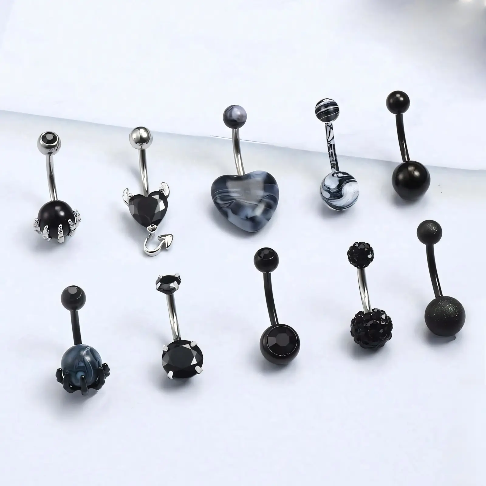 10Pcs Black Series Navel Belly Rings, Heart Round CZ Inlaid Belly Button Piercing Set Daily Wear