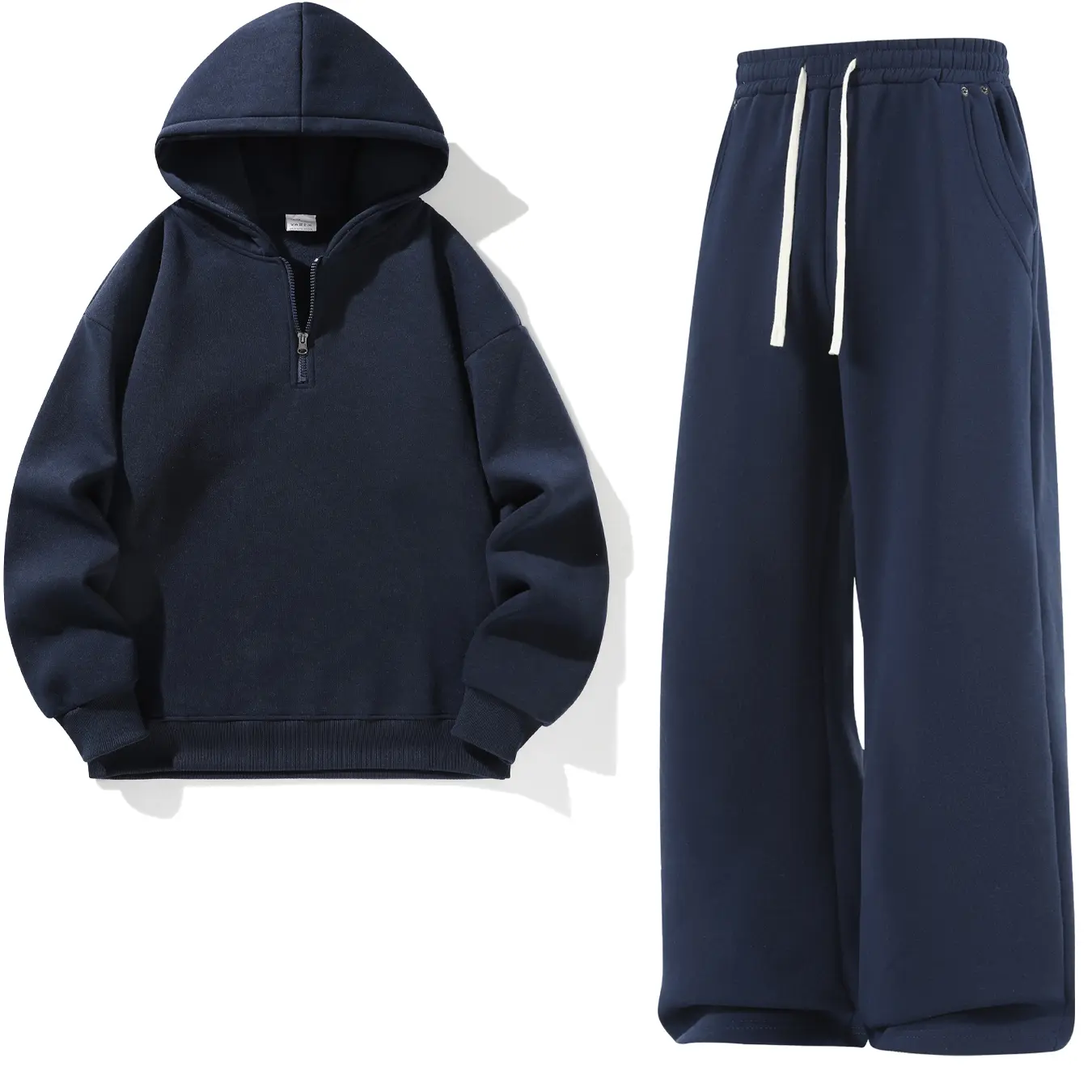 Men's 2-Piece Polyester Athletic Set, Half-Zip Fleece Hoodie & Solid-Color Drawstring Studded Long Pants, Loose Oversized Zip-Up with Thick Softness, for Autumn Winter Home & Streetwear (Menswear Unisex)