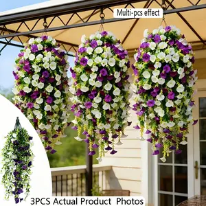 3pcs Artificial Purple and White Morning Glory Vines, Home Decoration Bouquet, Realistic Plastic Material, Maintenance-Free Outdoor Hanging Fake Flower Vines, Suitable for Home, Weddings, Outdoor Garden Courtyards, Porch Eaves Decoration