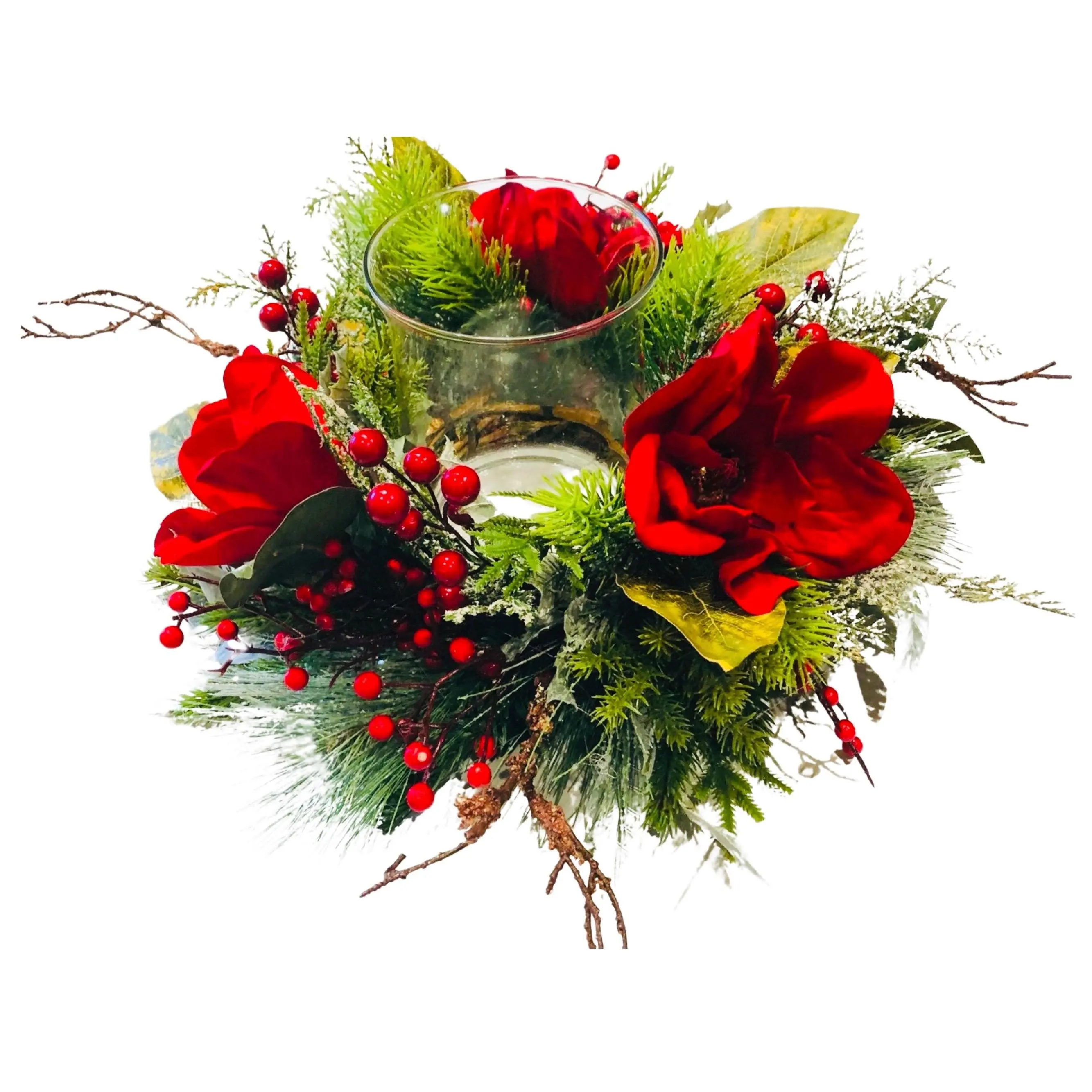 Winter Decor, Candle Ring Wreath, Candle Hurricane Lantern, Candle Wreath Centerpiece, Mini Wreath