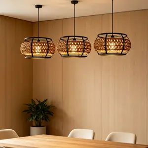 Japanese Wabi-Sabi Rattan Pendant Light Shade, Vintage Hemp Rope + Metal Frame, Soft Glow for Cozy Atmosphere, Bedroom/dining Room Decor