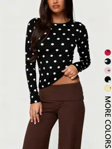 Women's Polka Dot Long Sleeve Slim Fit Short Top, Vintage Bodycon, Perfect for Dates and Shopping, Stylish Casual Wear