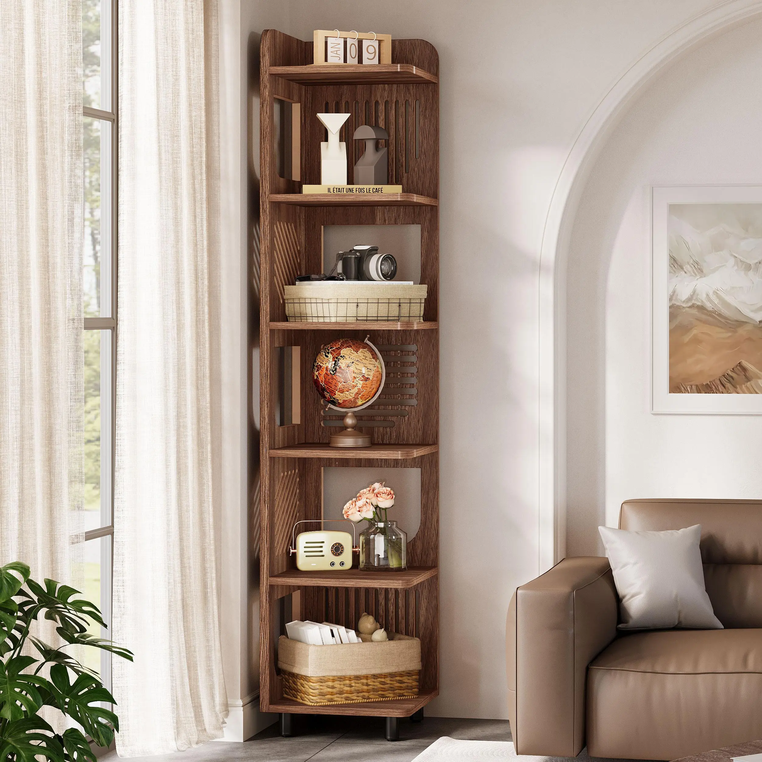 TRIBEWOOD 6-Tier Tall Corner Shelf, 71-Inch Rustic Narrow Corner Bookshelf Bookcase with Square Rack, Freestanding Corner Display Storage Shelf Organizer for Living Room, Kitchen, Office