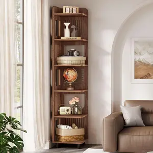 TRIBEWOOD 6-Tier Tall Corner Shelf, 71-Inch Rustic Narrow Corner Bookshelf Bookcase with Square Rack, Freestanding Corner Display Storage Shelf Organizer for Living Room, Kitchen, Office