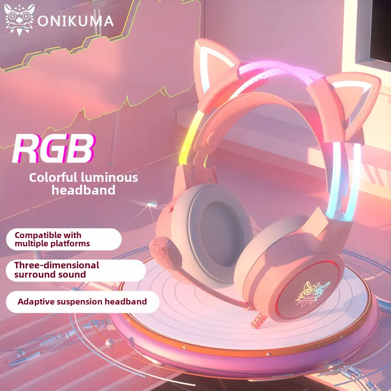 X15pro Headset Luminous Headband Cute Cat Ears E-Sports Noise Reduction Computer Gaming Headset