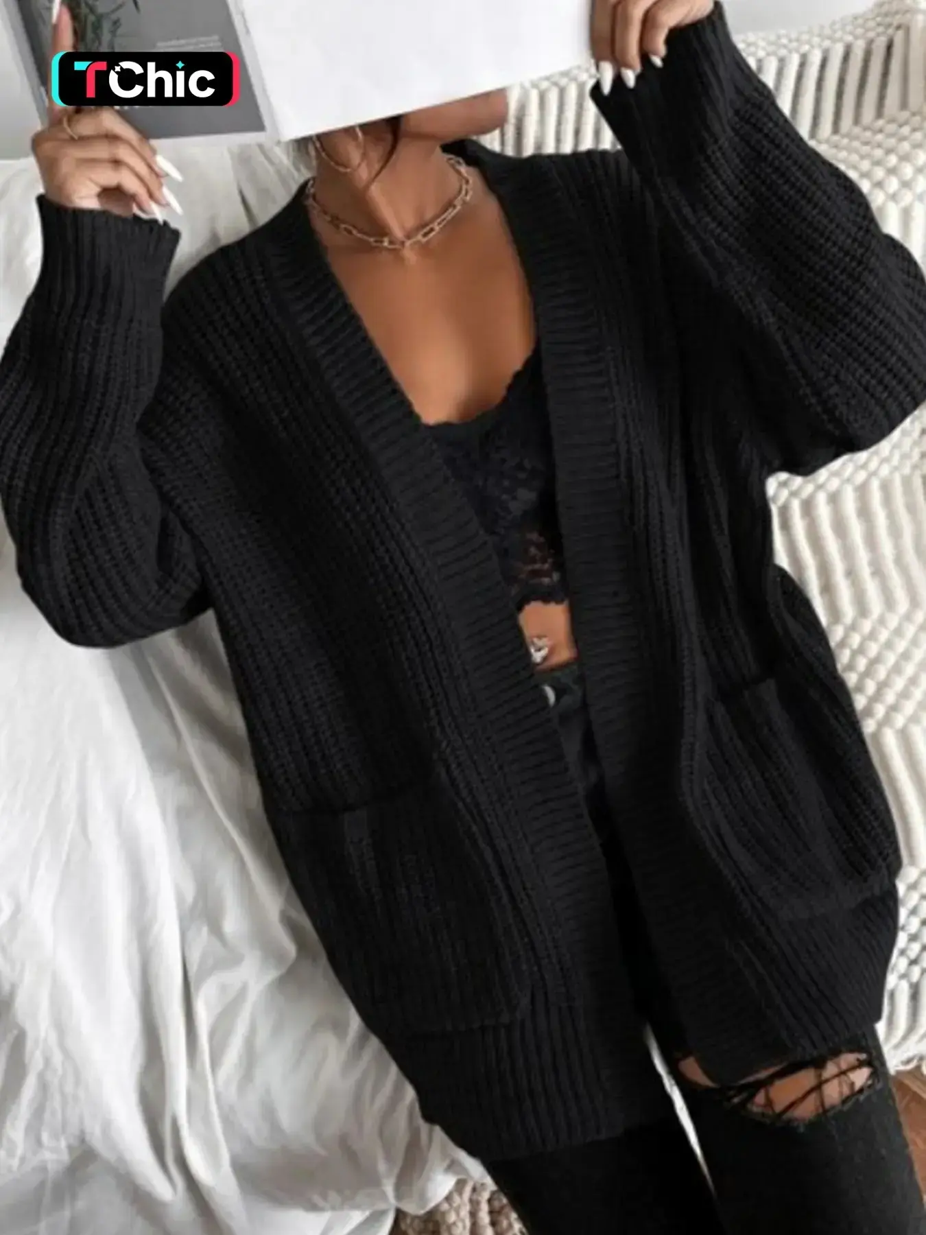 Women's Plain Textured Drape Pocket Open Front Loose Cardigan Fall 2026 Breathable Lightweight Everyday Knit Layering Top