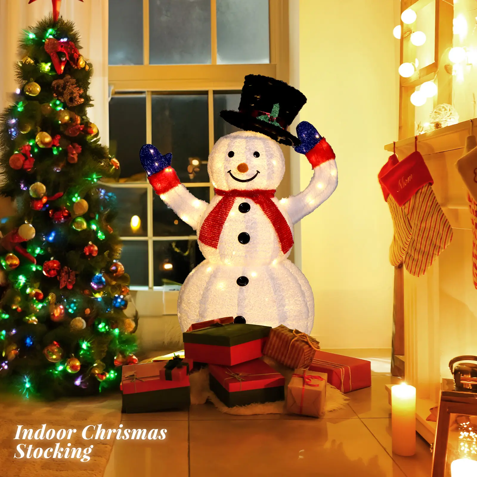 4ft Tall Fluffy Lighted Outdoor Christmas Snowman Decor - 120 LED Lights, Moving Hat, Red Scarf, Metal Ground Stakes, Indoor Festive Home Supplies, Lighted Decor