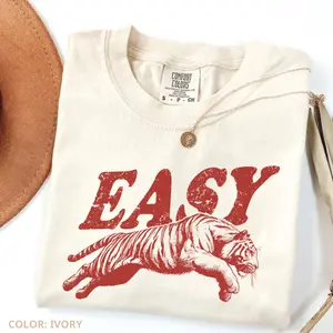 Comfort Colors Vintage Easy Tiger Tshirt, Retro Boho Tee, Unisex Trendy Aesthetic Tshirt, Graphic Tee Western, Women's Casual Print Short Sleeve Tee