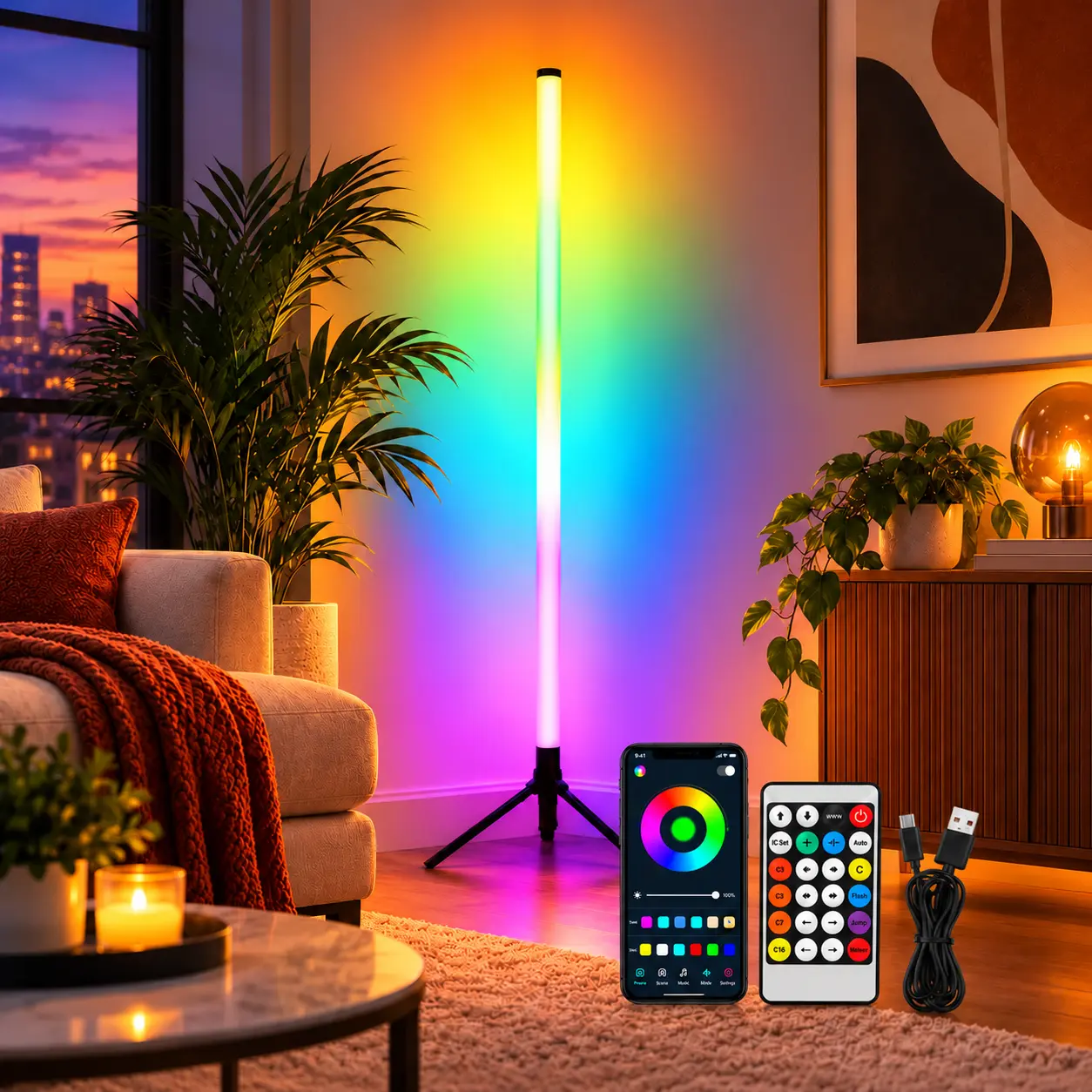 1PC RGBIC Corner Floor Light for Room Decor, Music Sync LED Ambient Lamp with Flowing Multicolor Effects, App & Remote Control, Dimmable Brightness and Timer for Bedroom, Gaming Room & TV Area