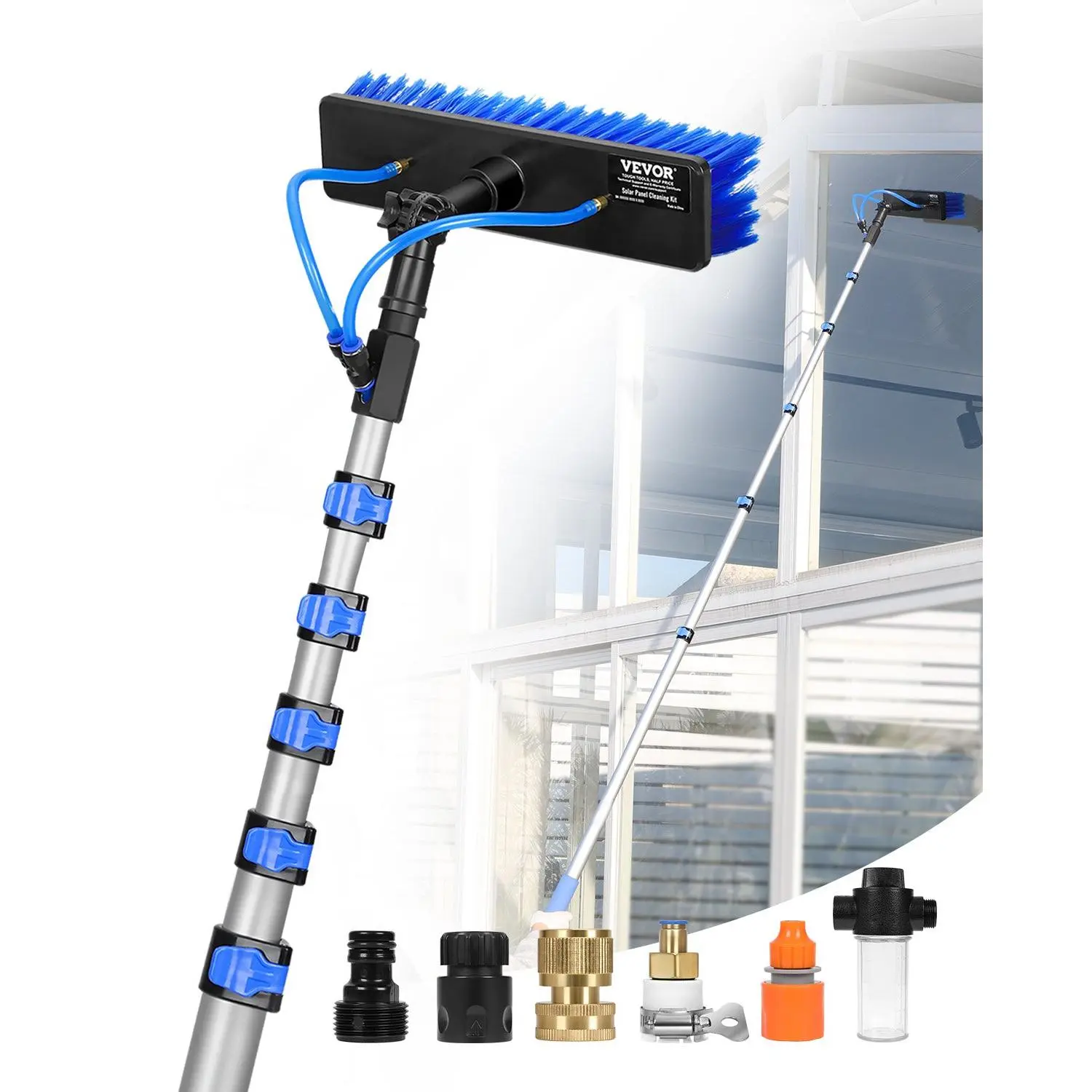 VEVOR Water Fed Pole Cleaning Kit, 36FT Extendable Handle Household Outdoor Window Cleaner, 180-Rotatable Brush Head, 65.6FT Hose for Solar Panel Deck & Caravan Maintenance, Pole Kit