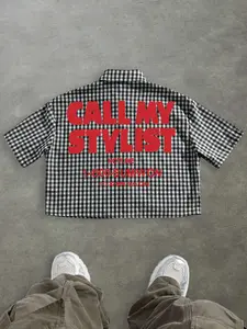 Men's Urban Street Plaid Graphic Button Short Sleeve Fitted Shirt, Back Print, New York Fashion Statement, High-End Vintage Style, Casual Trendy Outdoor Wear