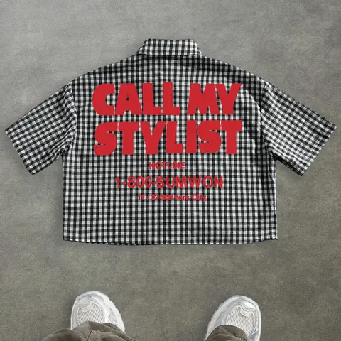 Men's Urban Street Plaid Button Short Sleeve Shirt, Graphic Back Print, New York Fashion Statement, High-End Vintage Style, Casual Trendy Outdoor Wear, Casual Streetwear Top, Tops