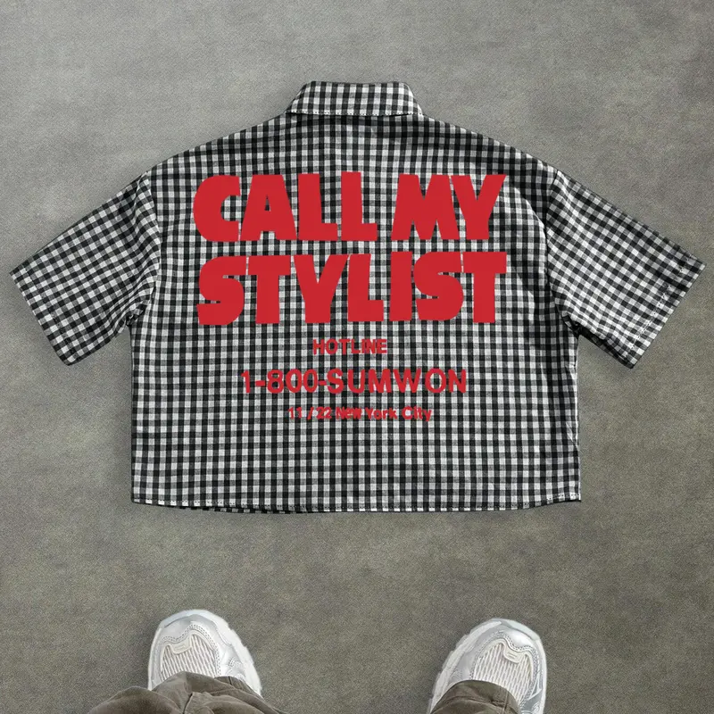 Men's Urban Street Plaid Button Short Sleeve Shirt, Graphic Back Print, New York Fashion Statement, High-End Vintage Style, Casual Trendy Outdoor Wear, Casual Streetwear Top, Tops