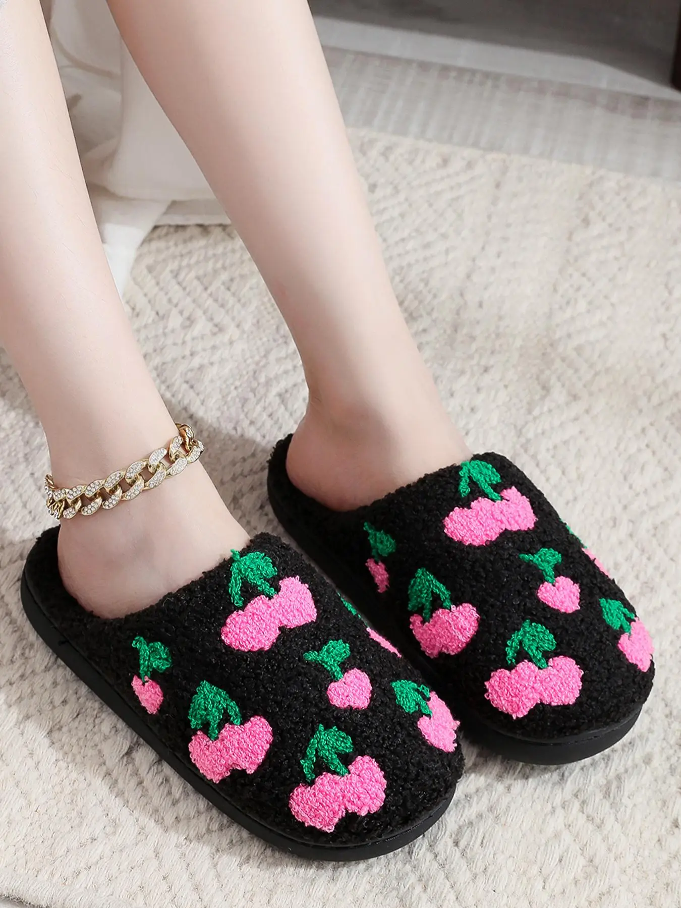 Women's Cherry Print Plush Slippers, Fluffy Soft and Comfy Bedroom Slippers for Fall & Winter, Female Indoor Round Toe Bedroom Warm Slippers