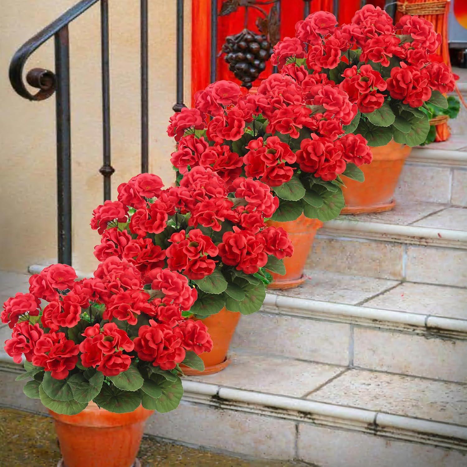 8 pcs /12 pcs /24 pcs of outdoor artificial geraniums, artificial plant UV resistant plastic flowers, used for indoor, outdoor, courtyard, hanging flower pots, porch, window home decoration