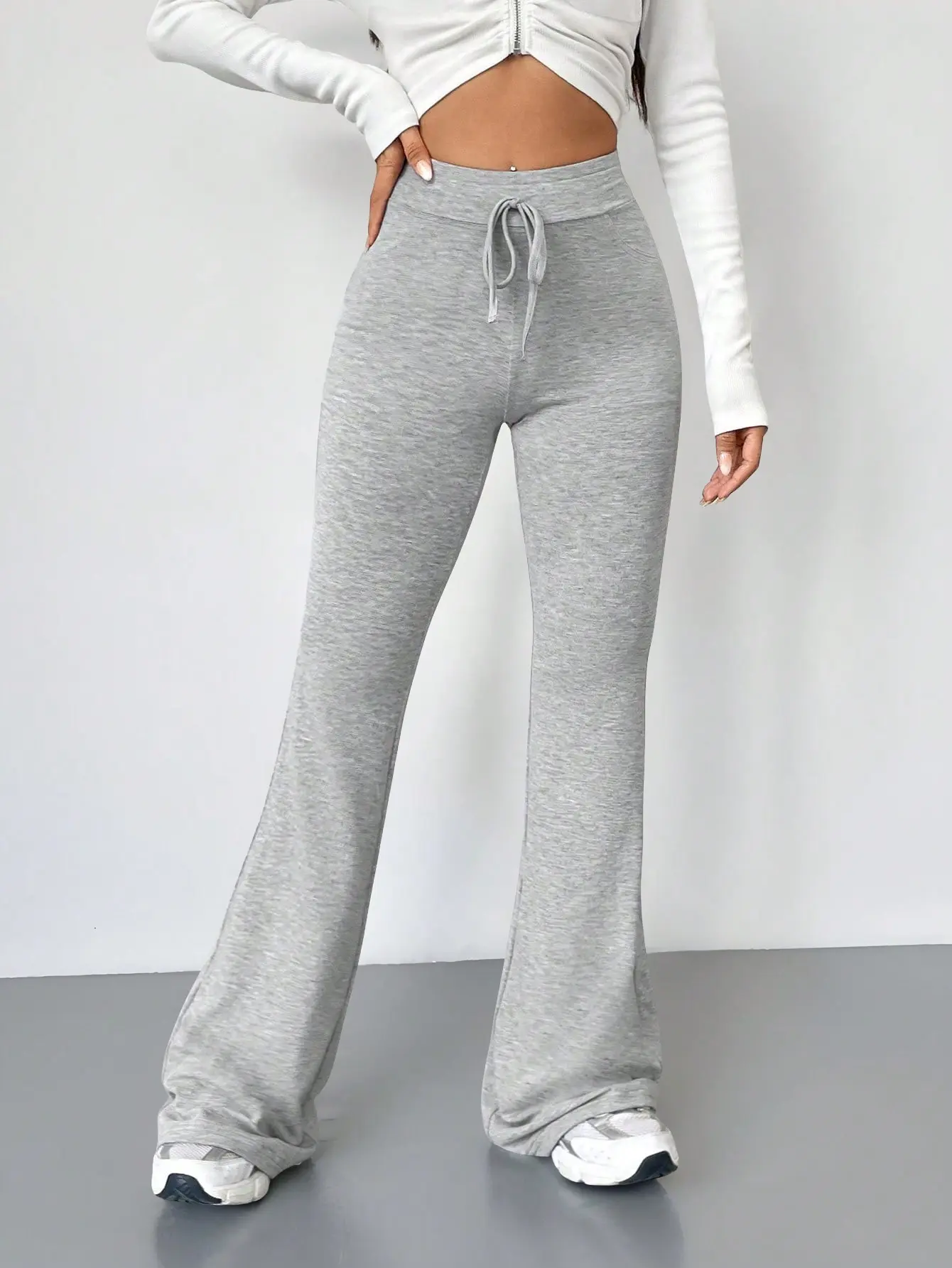 Retro Style Grey Tie Waist Flare Leg Sweatpants