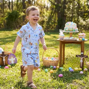 Kids Boys Easter Pajamas Set Satin Easter Eggs Rabbit Print Short Sleeve Shirts Tops Elastic Waist Shorts 2 Pieces Lounge Suit