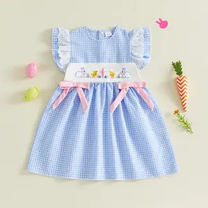 Toddler Baby Little Girl Easter Dress Flying Sleeve Rabbit Chick Embroidery A Line Plaid Print Dress 6M-4Y